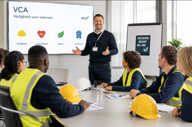 Diverse  industriemedewerkers volgt een VCA-veiligheidstraining in een vergaderruimte. Op tafel liggen witte en gele veiligheidshelmen, terwijl een instructeur voor een presentatiescherm uitleg geeft over veiligheid. De ruimte is licht en professioneel ingericht met natuurlijke daglichtinval.